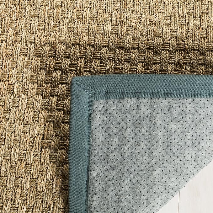 SAFAVIEH Area Rug 3x5 - Natural Fiber Collection - Natural & Light Blue, Seagrass, Basketweave Pattern with Border (NF114M)