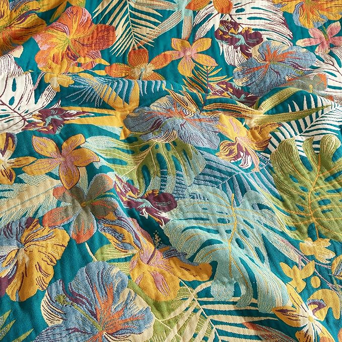 Boho Throw Blanket for Bed 90”x98”, 100% Cotton Woven Blanket for Couch Sofa, Ultra Soft 4-Layer Muslin Quilt with Floral Printed, Farmhouse Bed Blanket/Cover for Living Room Decor