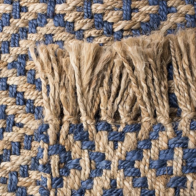 SAFAVIEH Natural Fiber Collection Runner Rug - 2'3" x 12', Tropical Blue & Natural, Handmade Boho Diamond Tassel Jute, Ideal for High Traffic Areas in Living Room, Bedroom (NF266D)