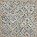 SAFAVIEH Cape Cod Collection Area Rug - 6' Square, Natural & Blue, Handmade Flat Weave Diamond Braided Jute & Denim, Ideal for High Traffic Areas in Living Room, Bedroom (CAP354A)
