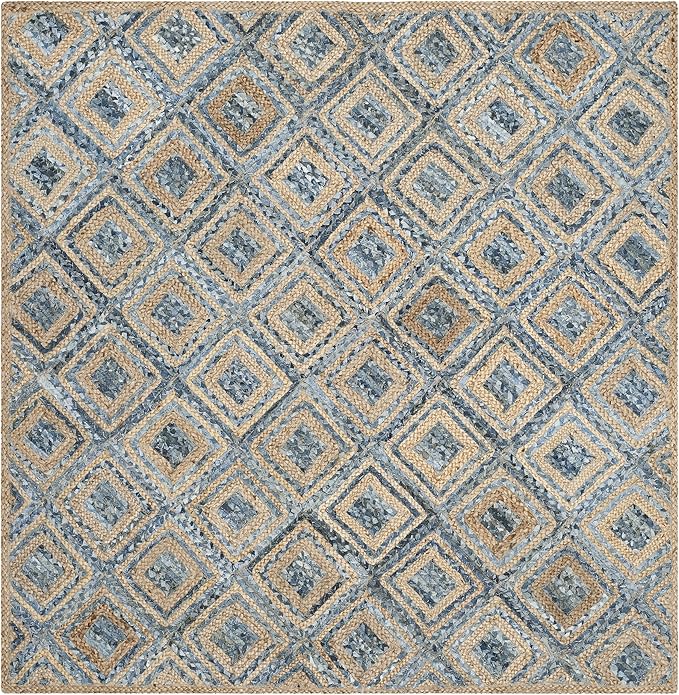 SAFAVIEH Cape Cod Collection Area Rug - 6' Square, Natural & Blue, Handmade Flat Weave Diamond Braided Jute & Denim, Ideal for High Traffic Areas in Living Room, Bedroom (CAP354A)