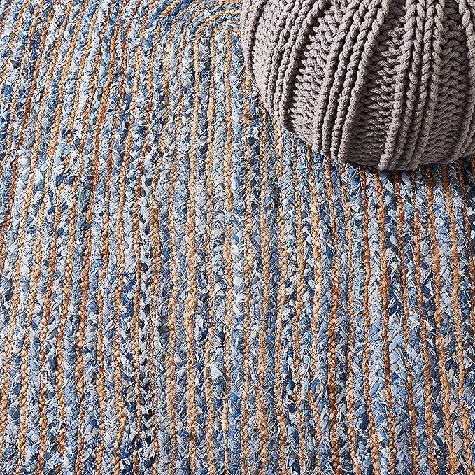 SAFAVIEH Area Rug 4' Round - Cape Cod Collection - Blue & Natural Brown, Handmade Jute & Cotton, Woven Braided Design (CAP202M)